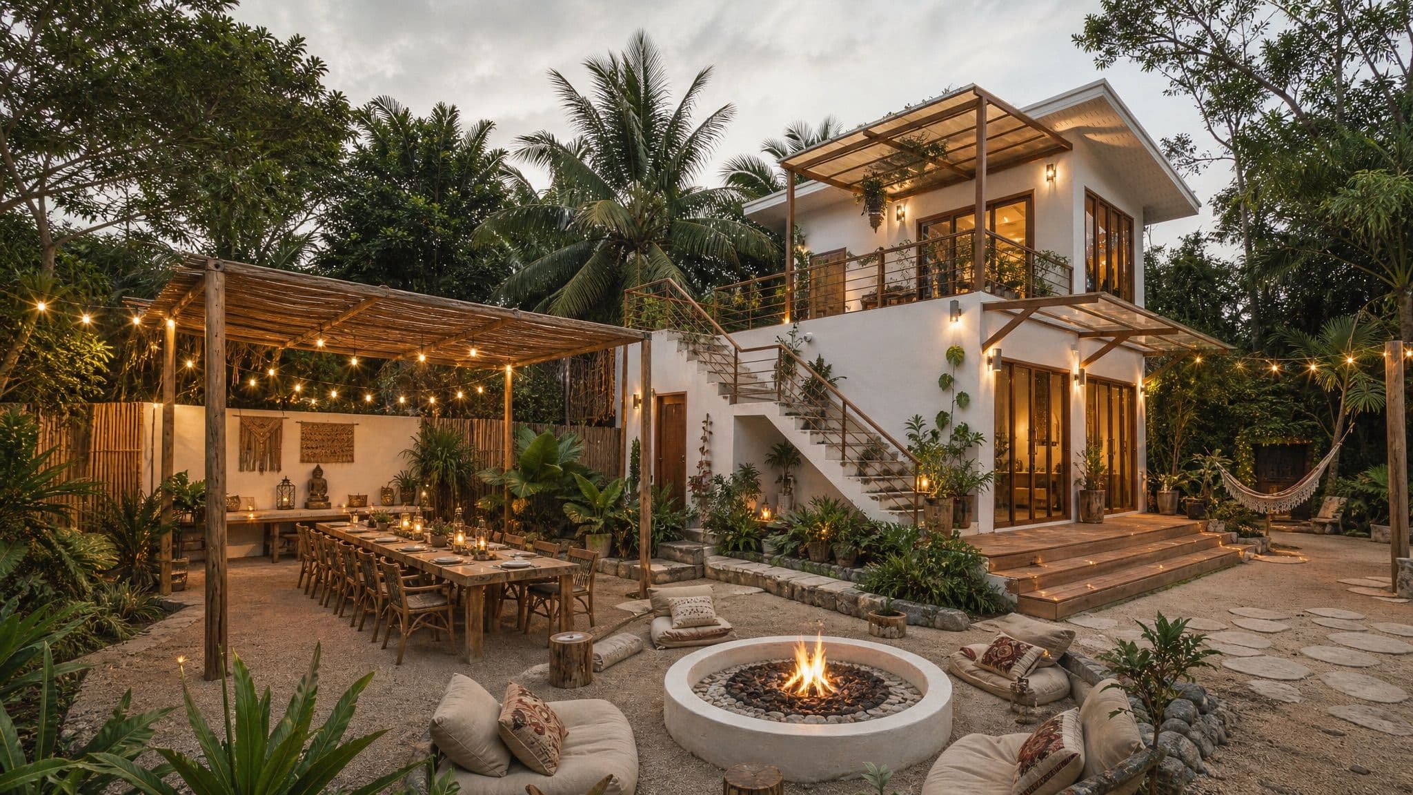 The fire pit at dusk, people gathered around it