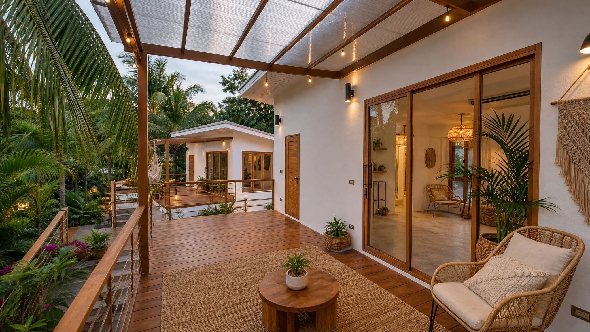Covered wood terrace connecting the houses, rattan chair, string lights
