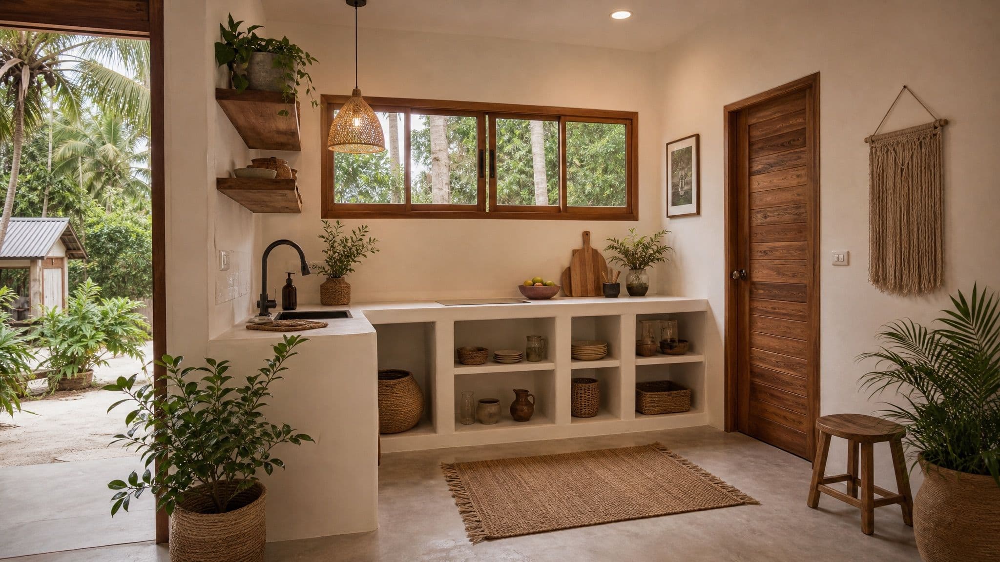 Built-in plaster kitchen with open shelves, wood door, jungle outside